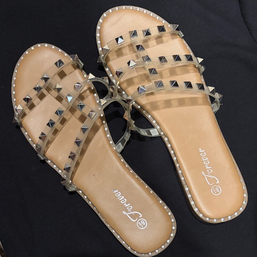 Forever 21 Clear-Strap Tan Stud Slide Sandals